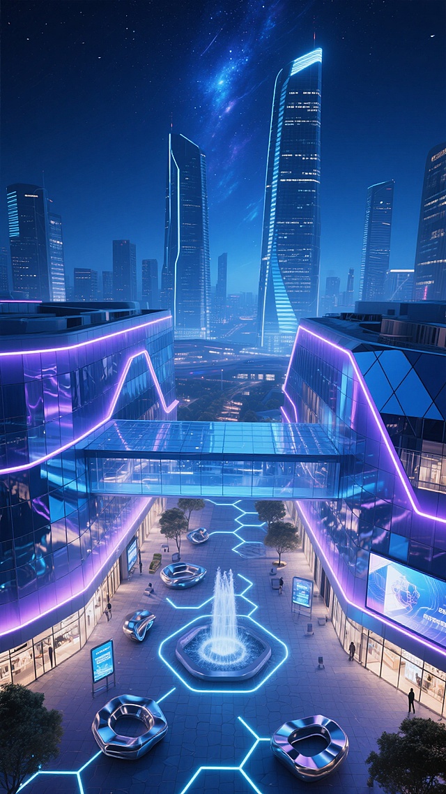 未来主义风格的商业综合体，夜晚鸟瞰视角，巨大的悬浮式玻璃走廊连接着两座棱角分明的几何形态建筑，外墙由蓝色和紫色渐变的LED灯带勾勒轮廓，建筑表面覆盖着反光金属面板，地面是带有发光线条的六边形地砖，中央广场有一个动态水幕装置，周围点缀着造型前卫的金属座椅和全息投影广告牌，远处背景是高耸入云的未来感摩天大楼，天空呈现深邃的靛蓝色并点缀着人造星云效果，整体灯光呈现冷色调科技感，营造出充满未来都市感的商业氛围。