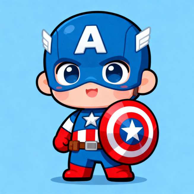 Q版美国队长，画风可爱萌趣，身形圆润，大眼睛充满活力，身着标志性蓝白红战衣，头戴带A字标识的头盔，手持经典的星条盾牌，整体活泼治愈，背景为纯色预览效果