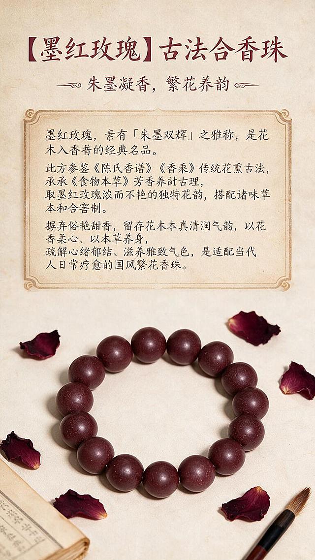 淘宝天猫电商详情页第二屏，9:16竖版，新中式古籍风格。背景为泛黄古卷书页纹理，搭配墨红玫瑰干花、古籍线装书、毛笔等元素，营造古朴正统的文化氛围。深紫红色合香珠手串置于古卷之上。
板块标题文字："朱墨凝香，繁花养韵"
正文文字："墨红玫瑰，素有「朱墨双辉」之雅称，是花木入香的经典名品。此方参鉴《陈氏香谱》《香乘》传统花熏古法，承袭《食物本草》芳香养神古理，取墨红玫瑰浓而不艳的独特花韵，搭配诸味草本和合窨制。摒弃俗艳甜香，留存花木本真清润气韵，以花香柔心、以本草养身，疏解心绪郁结、滋养雅致气色，是适配当代人日常疗愈的国风繁花香珠。"
排版典雅，竖排与横排结合，中式书卷气息浓厚。