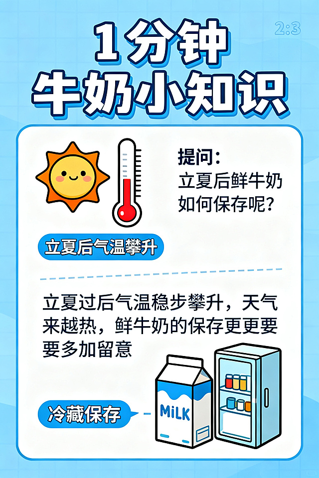 参考之前牛奶科普海报的设计风格，生成竖版2:3图文海报，蓝色清新卡通风格，主标题为"1分钟牛奶小知识"，内容：提问：立夏后鲜牛奶如何保存呢？立夏过后气温稳步攀升，天气越来越热，鲜牛奶的保存更要多加留意。整体排版清晰，卡通插画风格，和参考布局结构一致