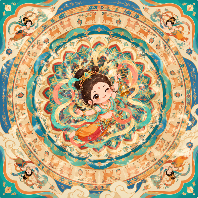 保留画面整体风格内容，缩小Q版敦煌飞天人物所占面积，飘带是软软的丝带质感，手持的莲花变成小铃铛，背后有迷你敦煌藻井图案，2D平面插画风格，色彩鲜亮童趣，当代国际范完整绘画作品预览效果