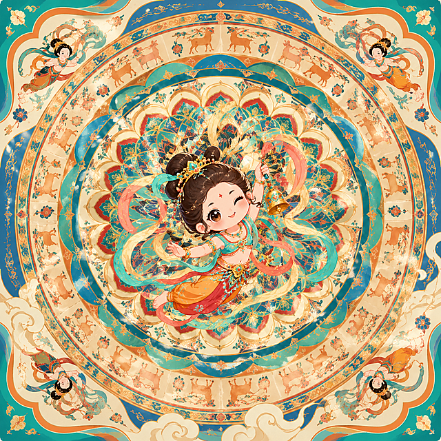 保留画面整体风格内容，缩小Q版敦煌飞天人物所占面积，飘带是软软的丝带质感，手持的莲花变成小铃铛，背后有迷你敦煌藻井图案，2D平面插画风格，色彩鲜亮童趣，当代国际范完整绘画作品