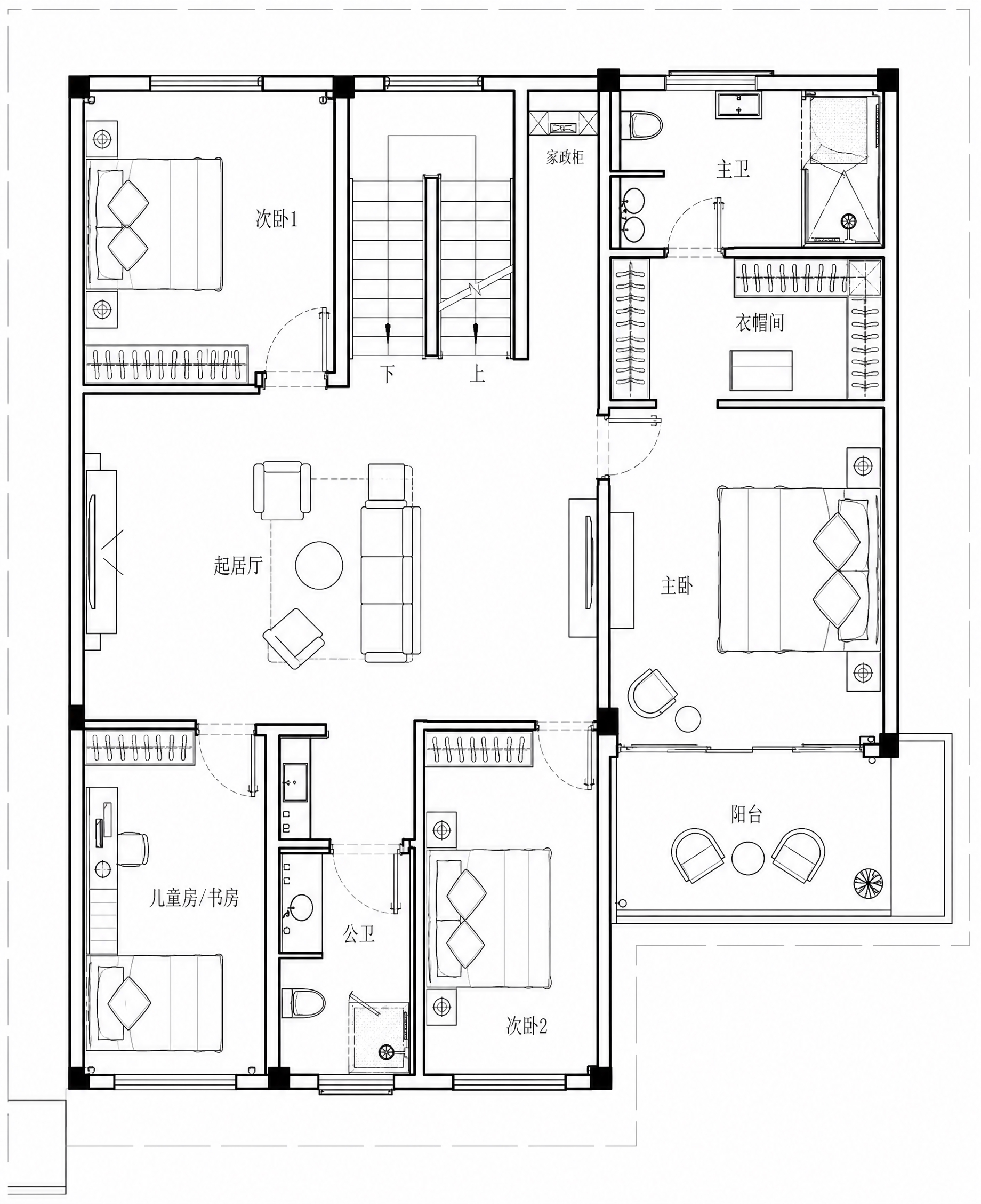 参考原图的CAD建筑平面图黑白线稿风格，重新设计一套符合大众居… - 图片创意预览