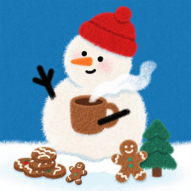 拟人卡通雪人（戴红绒帽）站在蓝色纯色背景中挥手，怀里抱热可可杯（冒轻烟），脚边堆着姜饼人、迷你圣诞树，身上落着零星雪花，预览效果