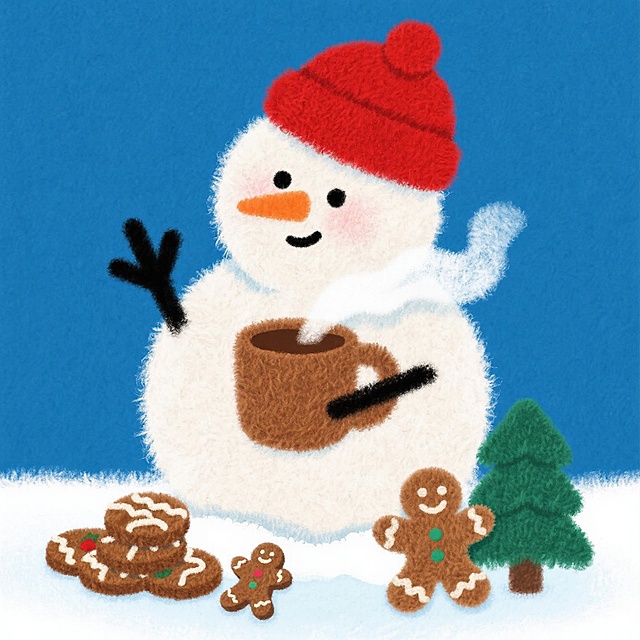 拟人卡通雪人（戴红绒帽）站在蓝色纯色背景中挥手，怀里抱热可可杯（冒轻烟），脚边堆着姜饼人、迷你圣诞树，身上落着零星雪花，