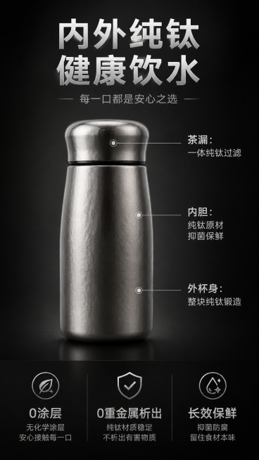 [第3屏] 核心材质解析-纯钛材质优势说明，引线标注版式。本屏主体使用【图2】纯钛原色保温杯。
[氛围/风格] 专业解析，深色质感，突出材质天然优势。
[元素布局] 产品置于画面中央偏上占比约60%，预览效果