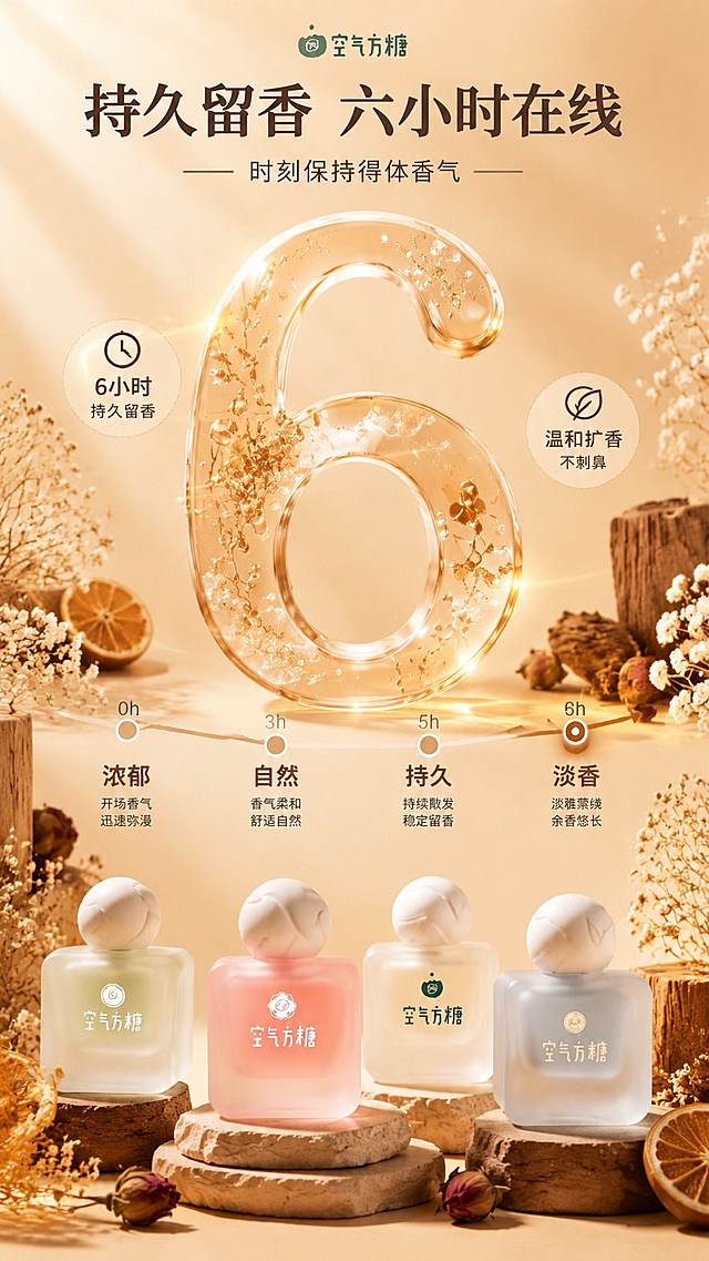 [第2屏] 6小时持久留香卖点详情页，风格参考用户提供的暖棕透明创意风。本屏使用【原图1】四款空气方糖香水瓶作为商品主体，参考【图1】创意数字+干花自然风格。
[氛围/风格] 暖金创意自然风，通透玻璃质感，暖光氛围感，高级商业摄影，创意视觉设计。
[元素布局] 画面中上方制作超大通透玻璃质感数字「6」，融入金闪气泡效果，数字下方展示留香时间轴：浓馥郁（0h）、自然（3h）、持久（5h）、淡香（6h），四款产品整齐排列在下方木质石质底座上，四周点缀干花、橙片、木块装饰，产品外观和颜色与原图保持完全一致。
[光影质感] 暖金色丁达尔光线，高光勾勒玻璃和产品轮廓，阴影自然柔和，整体温暖高级，通透感十足。
[配色色系] 全局底色 #F9E9D2；主色暖金透明渐变，木棕色装饰，保留产品原有马卡龙色系；深棕色文字。
[视角构图] 竖版9:16，上创意数字下产品，居中构图，视觉焦点突出，动线从上到下。
[文字版式] 顶部大标题「持久留香 六小时在线」，副标题「时刻保持得体香气」，两侧圆形标注卖点：「6小时持久留香」「温和扩香 不刺鼻」，时间轴分四点标注不同时段香气变化，文字清晰排版不遮挡产品。
[比例分辨率] 9:16竖版比例，4K分辨率，文字清晰可辨，高清画质。
[负向提示词] 产品变形，缺件错件，颜色偏差，包装文字错乱，玻璃数字变形，文字过小，水印
