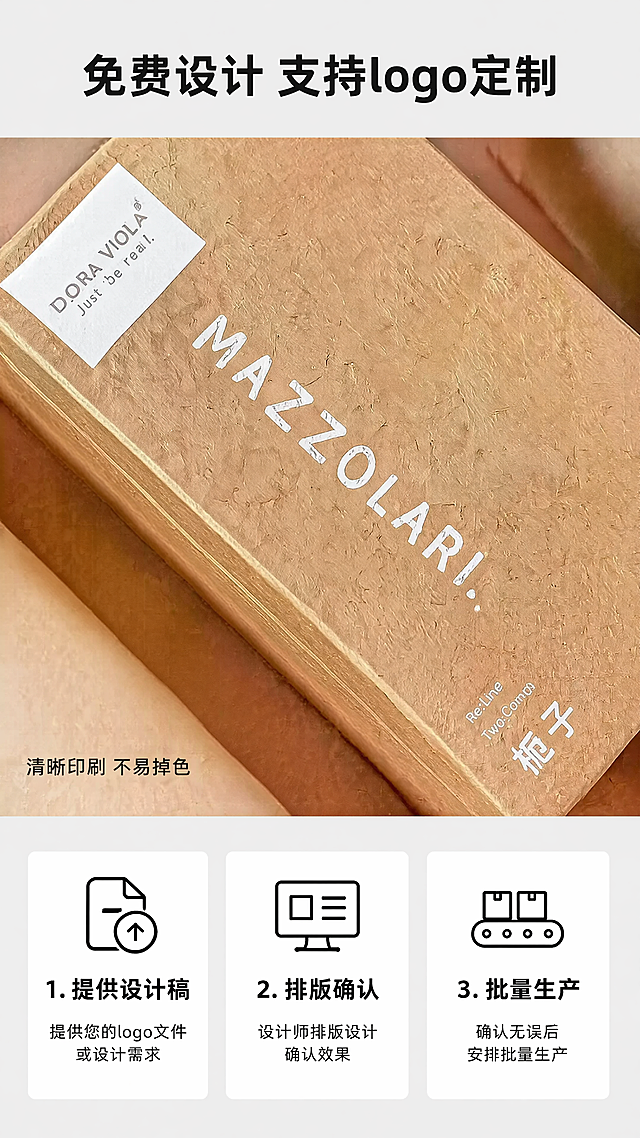 [第6屏] 定制服务细节展示，展示logo定制的效果与流程。
[氛围/风格] 专业说明风，清晰直观，简约商务排版。
[元素布局] 页面分为上下两部分，上半部分展示定制好logo的包装盒细节特写，以牛皮纸款（图5）为例，保持牛皮纸材质和白色印刷字体的颜色、排版、大小与原图完全一致，放大展示logo印刷细节。下半部分用三个横向排列的圆角卡片展示定制流程，每个卡片配图标占位和简短文字说明。背景为浅灰色，整体留白充足，突出印刷细节和文字说明。
[光影质感] 细节部分自然光特写，牛皮纸纹理和logo印刷边缘清晰，没有模糊发虚，光线均匀柔和。
[配色色系] 全局底色：#f5f5f5 (浅灰)；主体：牛皮纸原色+白色印刷；卡片：白色背景+黑色文字；主标题：深灰色。
[视角构图] 上半部分特写居中，占画面约50%高度，下半部分三个卡片水平均匀分布，整体构图上实下虚，节奏舒适。
[文字版式] 顶部主标题："免费设计 支持logo定制"，居中黑体黑色；上部分特写角落标注"清晰印刷 不易掉色"小号深色文字；下排三个流程卡片分别标注："1. 提供设计稿"、"2. 排版确认"、"3. 批量生产"，每个卡片文字居中黑色，图标在文字上方，简洁清晰。
[比例分辨率] 9:16竖版比例，4K分辨率，文字清晰可辨。
[负向提示词] 包装盒变形，logo文字模糊，颜色偏差，排版错乱，缺件错件，背景杂乱，水印，诱导性按钮。