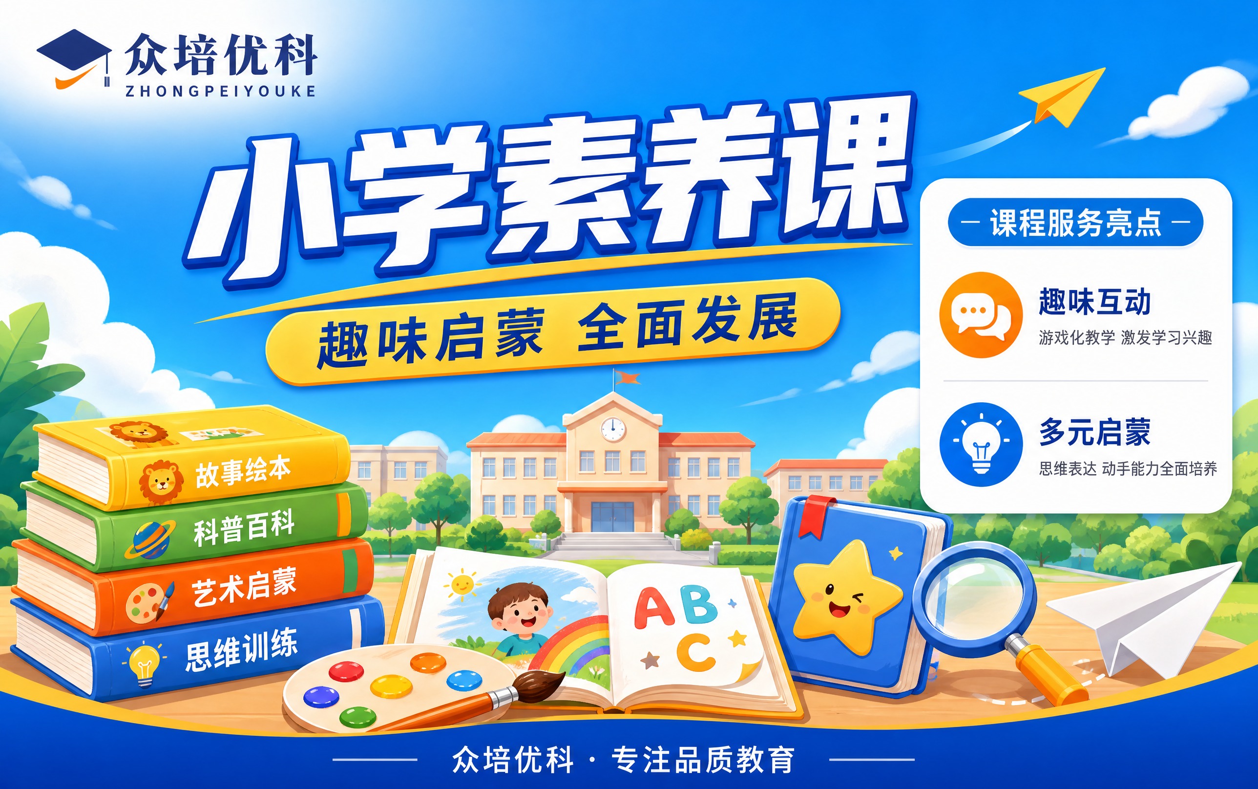 参考图1的版式骨架和整体风格，生成一张小学素养课招生海报。左上… - 图片创意预览