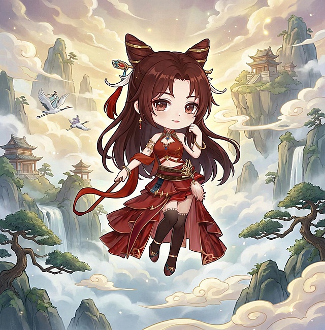 把图二的角色变成图一的大头Q版风格，添加仙侠背景