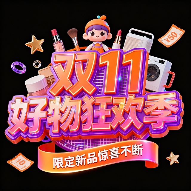 3D立体字，主标题“双11好物狂欢季”，副标题“限定新品惊喜不断”，字体为厚重立体结构，亮橙与紫粉渐变，笔画上下错层增强动感，字面带柔光反射与高光描边，字面带玻璃质感，字上有网格纹理，主标题后方融合Q版玩偶、化妆品、家居用品、电器、星星与塑料质感配件，周围漂浮优惠券元素，副标题置于亮橙渐变横幅中，潮酷活力，背景为纯黑色