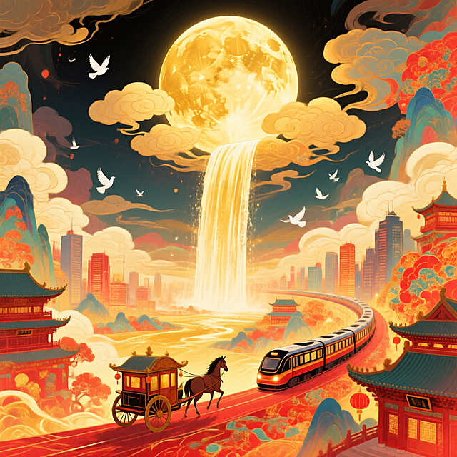 月光如金色的瀑布从圆月（占满画面2/3）上倾泻到底部的全景大地上（马车、动车分别行驶在古建筑和城市间），画面带有发光效果，白鸽飞过，整体画面充斥着华丽的金色和喜庆的红色，奇幻色彩和光影变化，具有丰富的层次感和立体感，体现繁荣昌盛喜庆氛围，梦幻的大透视