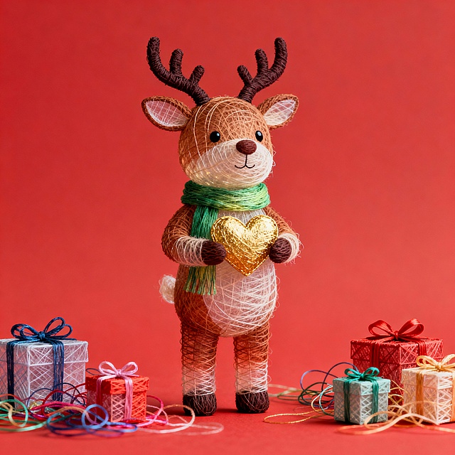 戴着绿色围巾抱着金色爱心的拟人卡通驯鹿站在一堆礼盒中，四周留红色背景