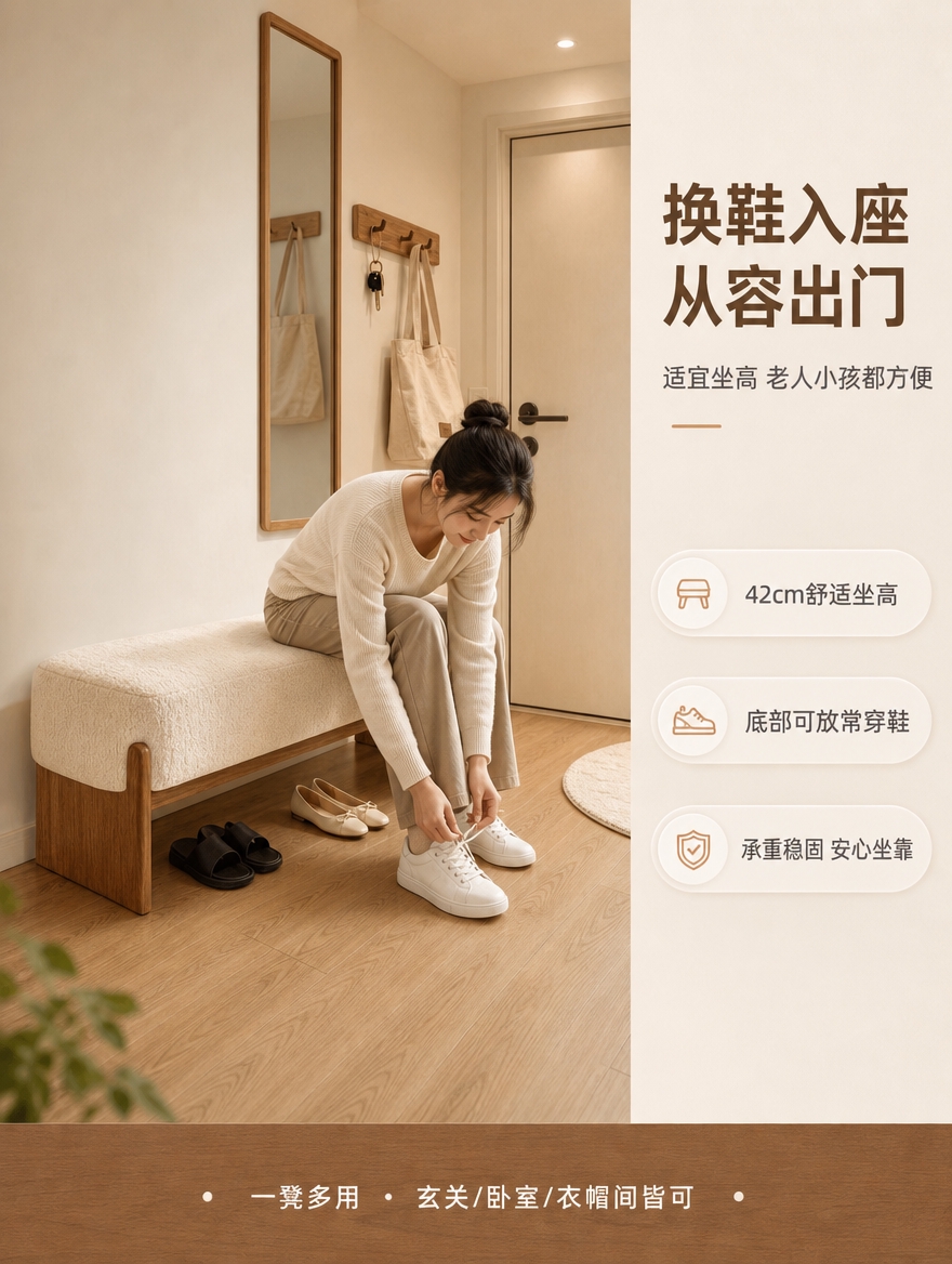 [商品] 使用【图1】北欧实木换鞋凳；保留长条形米白色泰迪绒软… - 图片创意预览