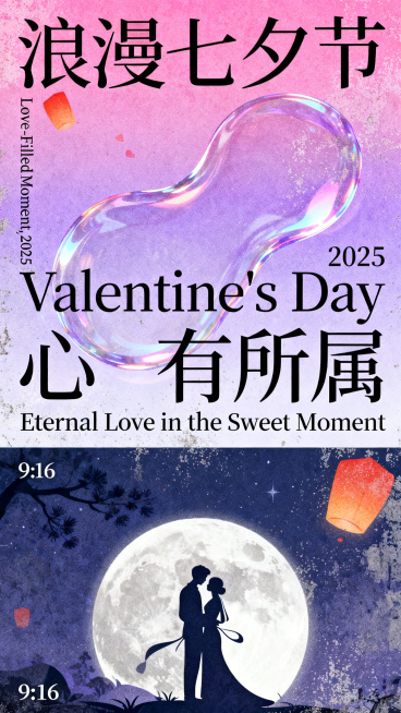 七夕情人节系列海报，竖版9:16，新中式扁平商业插画风格，运用平面插画结合高级排版艺术，肌理做旧质感，噪点营造氛围，搭配渐变晕染效果，背景采用玫瑰粉与浅紫高饱和渐变，冷色调为主搭配局部暖色点缀，富有层预览效果