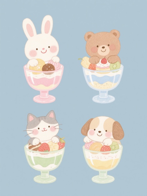 一系列4个水彩风格插画，每个插画中都有一个不同的可爱小动物（第一幅是兔子，第二幅是小熊，第三幅是小猫，第四幅是小狗），它们都趴在一个装满不同甜点和水果的玻璃甜品杯上，每个小动物都有腮红和微笑的表情，背预览效果