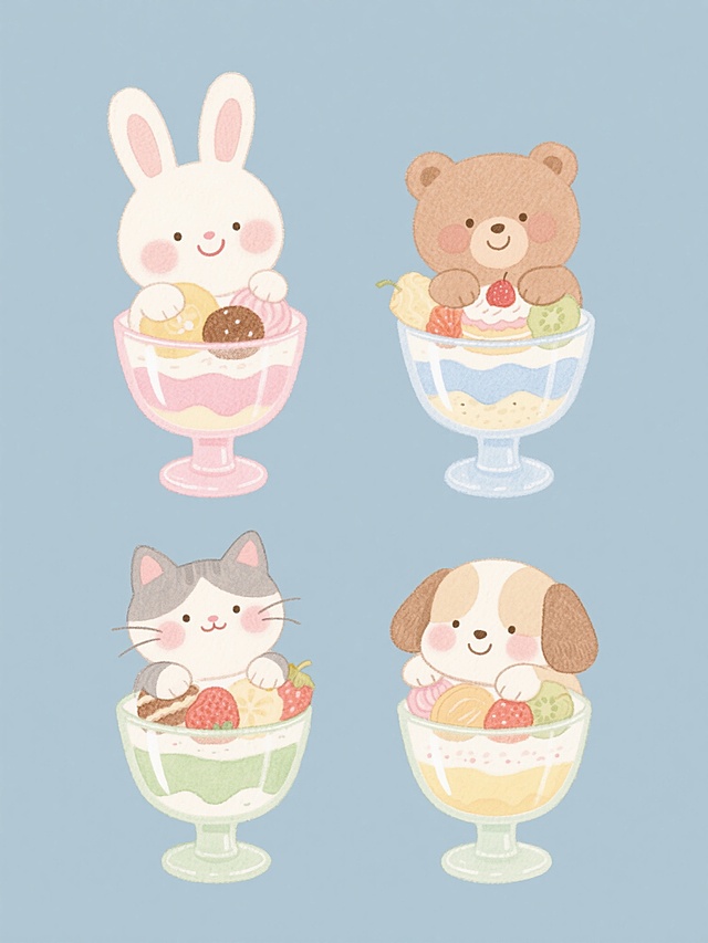 可爱卡通小动物拟人化坐于甜品杯中，水彩风格渲染，色彩柔和清新，梦幻插画风，传递温暖舒适感。