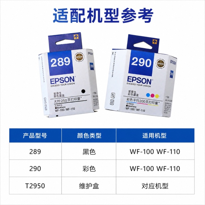 [主图-4] 爱普生墨盒适配机型说明图。
[氛围风格] 清晰规整的电商规格说明风格。
[画质] 商业摄影质感，排版整齐，文字清晰易读。
[元素] 产品主体保持原图样子完全不变，所有包装细节100%保留预览效果