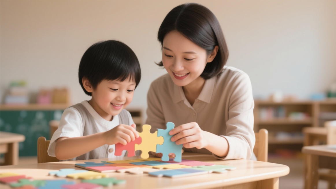 新生成一个头图：一名温柔的女老师在引导一个孩子做拼图的画面，画面温馨快乐预览效果