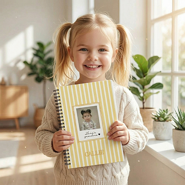 保留本子的外形、角度、文字和图案完全不变，保持人物拿着本子的姿势不变，仅将人物替换为外国双马尾小女孩，背景为简约北欧自然风窗边场景，柔和自然光从窗边射入，商业高调摄影，前中后景层次分明，三分法构图，加入阳光光斑和绿植元素，自然通透，画面细腻。负向提示词：瓶身扭曲、Logo变形、文字错误、多余的部件、摄影灯、柔光箱、三脚架、水印、昏暗光线、死黑阴影、畸变透视、比例失调