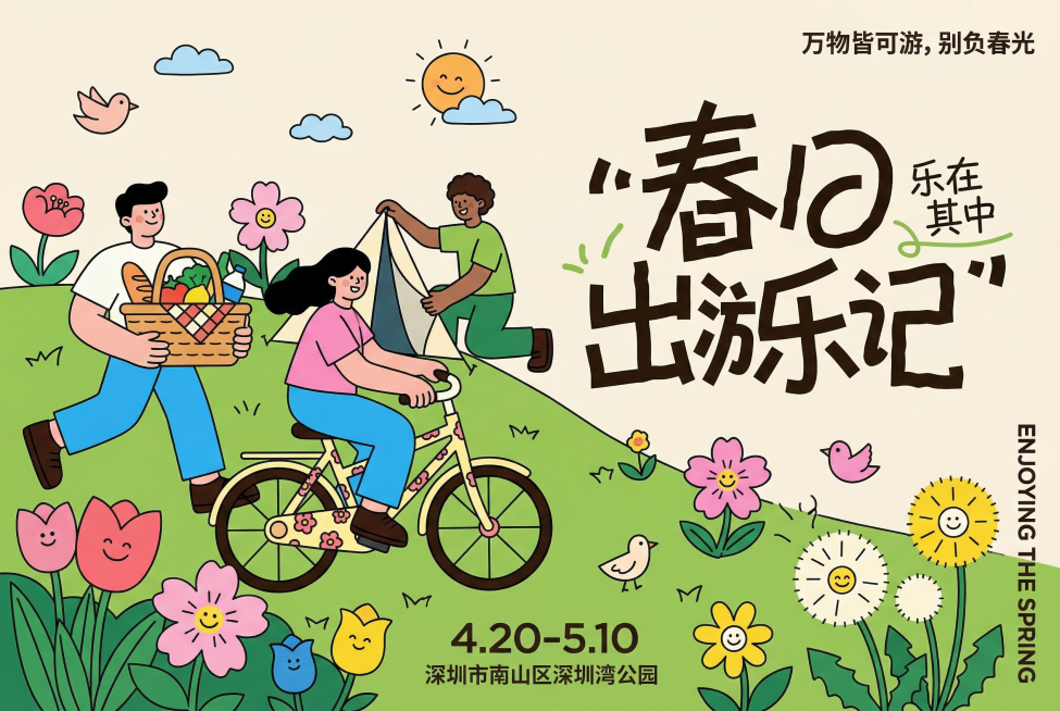 和参考图风格一致，扁平描边插画，春日出游相关主题，画面活泼明亮预览效果