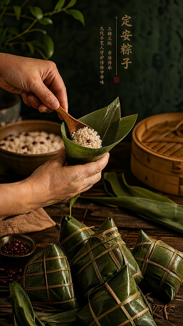 画面聚焦于一双手正在包粽子的瞬间：左手托着卷成漏斗状的翠绿粽叶，右手持木勺，正将饱满的糯米舀入其中，动作充满了传统手艺的仪式感。背景是深褐色的旧木桌，桌上摆放着定安特有三横三纵绑扎方式的粽子，散落着粽叶、蒸笼和陶碗，搭配深绿色的朦胧背景，光影柔和而富有层次，营造出“几代手艺人守护传统中华味”的厚重感与温度。超清画质，细节丰富，竖版构图