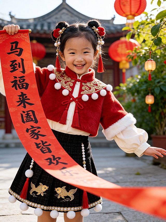 春联内容：马到福来阖家皆欢乐