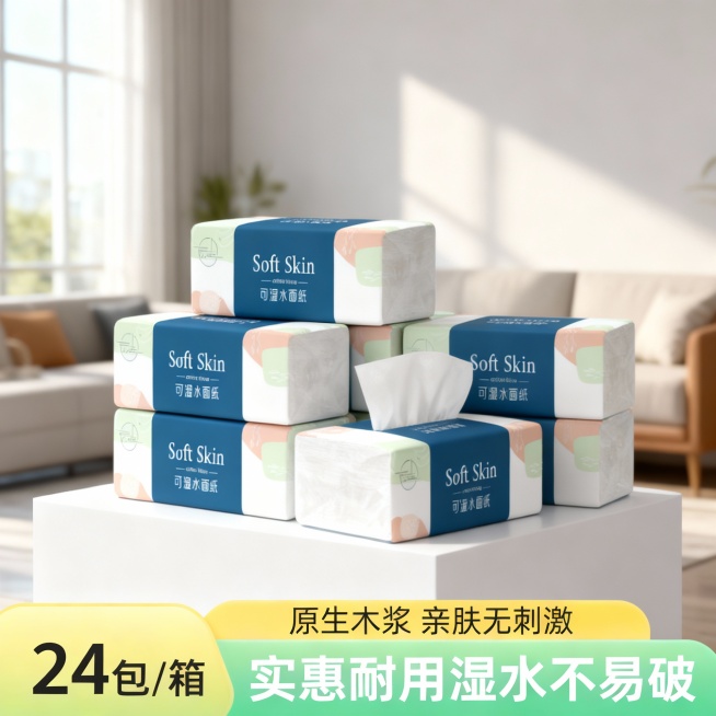 生成一张纸巾电商主图。复制多个主体堆叠在展台上，背景为虚化客厅，自然打光。商品卖点“原生木浆 亲肤无刺激”。画面下方为黄绿渐变配色文本框，展示卖点信息“24包/箱 实惠耐用湿水不易破”。预览效果