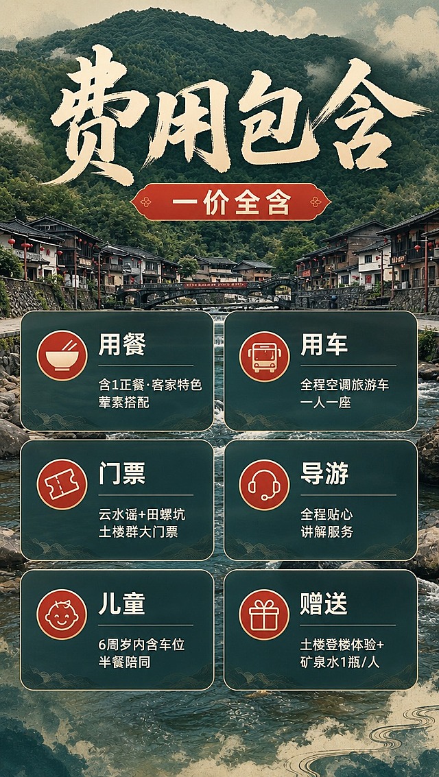 [商品] 使用【图8】云水谣溪流石桥全景图；服务素材保护：保留溪流、石桥、古村、青山的真实景观。
[画面] 目标：费用包含清单，明确告知游客费用涵盖项目。构图：顶部大标题+背景云水谣全景图加蒙版，中部6个圆角信息卡2列3行排列展示包含项目，每个项目配图标+标题+简短说明。主体占比：信息卡占画面65%。阅读动线：从上到下，左右交替。前中后景：背景实景图+半透明蒙版、中景信息卡片、前景图标。
[视觉] 套系策略：风格=国风文旅氛围感商业海报；标题字=国风书法粗体+现代无衬线组合；正文字=简洁无衬线体；主色=黛青+赭石暖棕；背景延展=基于山水土楼实景做深浅层级、同色系渐变和水墨晕染质感；强调色=朱砂红，仅用于图标和重点标签；标题色=米白；正文色=浅米灰；组件=圆角半透明深色信息卡、线性图标、分割线；光影=背景自然光+信息卡内柔光。
[文字] 主标题：费用包含 一价全含；6项内容：用餐：含1正餐·客家特色荤素搭配；用车：全程空调旅游车·一人一座；门票：云水谣+田螺坑土楼群大门票；导游：全程贴心讲解服务；儿童：6周岁内含车位半餐陪同；赠送：土楼登楼体验+矿泉水1瓶/人。全部文字横向排版，卡片内左对齐，手机端清晰可读。
[规格] 图片比例9:16竖版，4K分辨率，避免变形、错字、文字过小、冷蓝灰调。