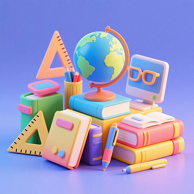 很多的教学用具摆放在一起，包含地球仪、三角尺、书本、电脑、眼镜、钢笔等，撞色，紫色背景