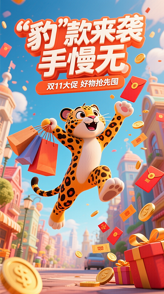 软3D风格拟人豹跃动抢购，波普色彩碰撞，塑料质感金币红包纷飞，喜庆卡通风引爆双11促销热潮。