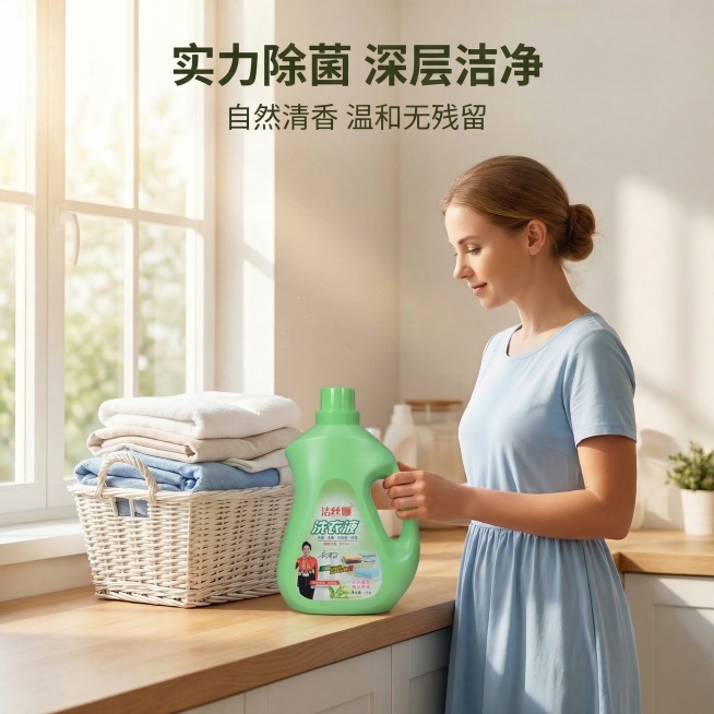请将这张亚马逊场景图中的所有英文字案全部修改为对应的中文字，不改变图片的构图、光影和产品位置，只替换文字内容。主标题改为"实力除菌 深层洁净"，副标题改为"自然清香 温和无残留"，所有文字都转换为中文预览效果