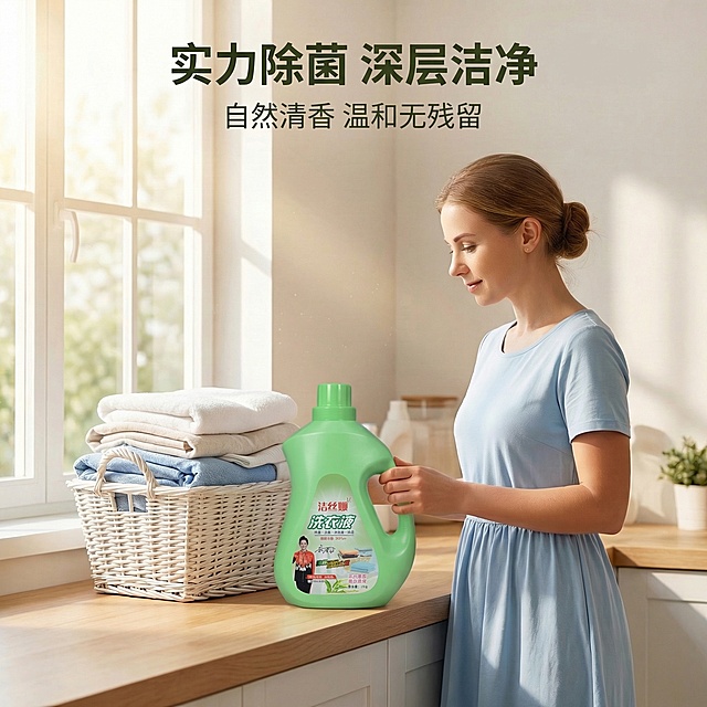 请将这张亚马逊场景图中的所有英文字案全部修改为对应的中文字，不改变图片的构图、光影和产品位置，只替换文字内容。主标题改为"实力除菌 深层洁净"，副标题改为"自然清香 温和无残留"，所有文字都转换为中文，保持排版位置不变。保持1:1的正方形图片比例，保持整体温馨舒适的风格不变。