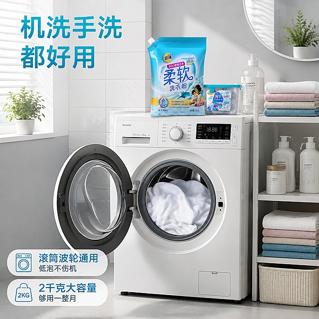 [主图-4] 洗衣机全自动洗衣场景图，现代家庭洗衣房。
[氛围风格] 现代简约、高效洁净，智能家居洗衣场景，适合现代家庭。
[画质] 商业摄影质感、光线柔和通透、产品清晰真实、画面干净高级。
[元素] 现代简约风格的家庭洗衣房场景，白色滚筒洗衣机位于画面中央，机门半开，能看到里面洗好的蓬松洁白衣物。洗衣机顶部摆放着奇强柔软洗衣粉袋装产品，旁边有洗衣凝珠盒、香氛瓶、叠好的毛巾等洗衣用品。洗衣机旁是白色置物架，上面整齐摆放着清洁用品与折叠好的彩色衣物。背景是浅灰色墙面与白色瓷砖，上方有圆形镜子与绿植点缀。地面是浅灰色防滑地砖。整体干净整洁，现代感强。**保持洗衣粉产品外观（即物理结构、材质质感、颜色、包装图案与文字布局）与输入产品图一致，杜绝任何变形和色差，精细化处理**；产品自然摆放在洗衣机顶部，有真实接触阴影。商品主体占比约35%。
[光影] 顶部嵌入式筒灯+左侧窗光，整体明亮均匀；洗衣机金属面有柔和反光，产品包装有自然高光。
[配色] 主色高级灰+洁净白；辅色产品湖蓝；点缀色绿植浅绿。
[视角构图] 平视略侧，洗衣机为中心，产品在顶部作视觉亮点；前中后景分层，景深中等。
[文字版式] 左上大标题"机洗手洗 都好用"，青蓝色粗体大字。底部小字两行"滚筒波轮通用 低泡不伤机""2千克大容量 够用一整月"。文字不遮挡产品主体。
[输出要求] 1:1比例，文字清晰可辨，超高清商业摄影质感。
[负向提示词] 变形，文字错乱，产品图模糊，背景杂乱，水印，电商平台Logo。
