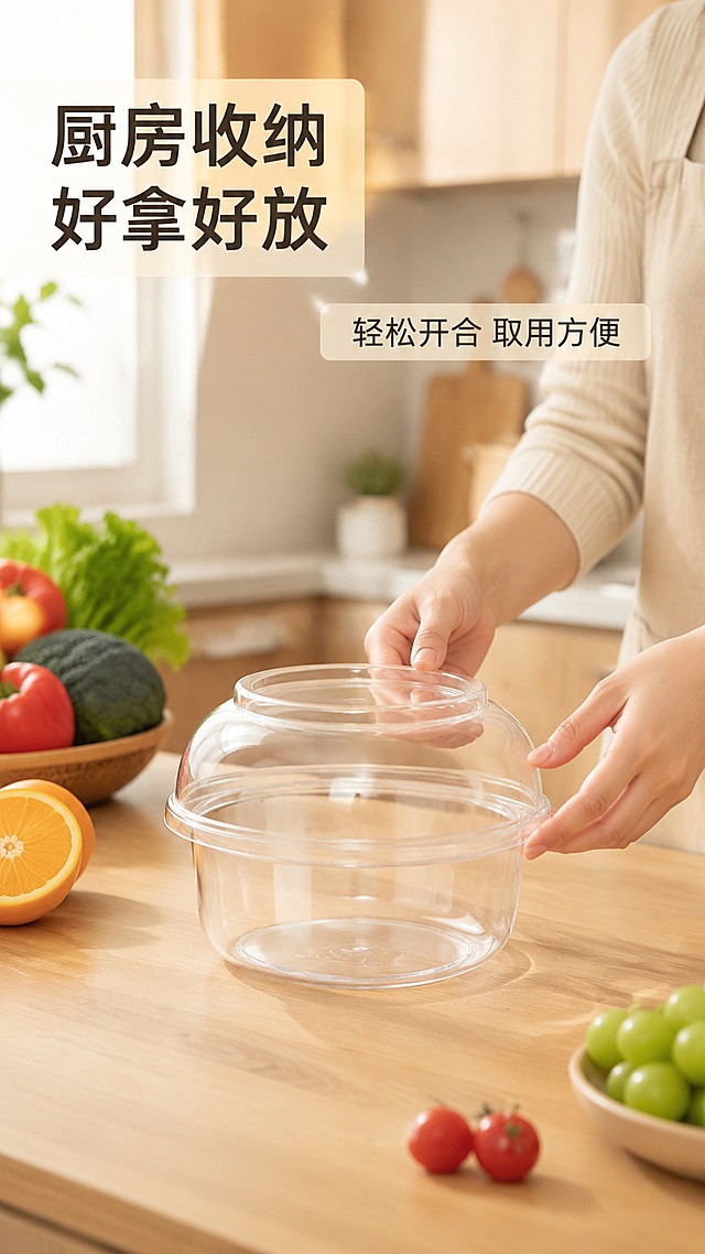 [第5屏] 详情页真人使用屏-厨房场景真实操作展示。本屏使用【图1】作为商品主体。
[氛围/风格] 真实生活化厨房场景，暖调自然光，真实代入感。
[元素布局] 真人女性手部于画面右侧，正在拿取放置在厨房台面上的透明包装盒，产品置于台面中心占比约50%，产品结构外观与原图一致；背景为浅木色橱柜，台面上散落少许新鲜果蔬作为搭配。
[光影质感] 左侧厨房自然光入射，右侧自然阴影，真实自然，产品通透感保留。
[配色色系] 全局底色暖木色；主色浅木黄；辅助色果蔬自然绿、红色，色彩自然不跳跃。
[视角构图] 中景视角，左物右人，自然互动构图。
[文字版式] 左上主标题「厨房收纳 好拿好放」，右侧副标题「轻松开合 取用方便」，文字浅底深字，不遮挡人物和产品主体。
[比例分辨率] 9:16竖版比例，4K分辨率，文字清晰可辨，高清画质。
[负向提示词] 人物变形，产品错位，结构错误，颜色偏差，水印，文字错乱