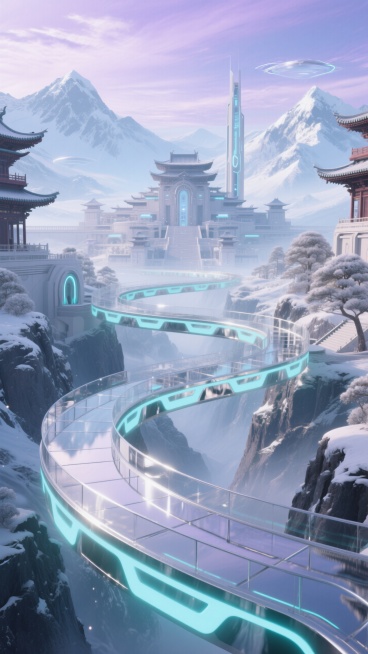 未来主义新中式；前景是盘旋而上的银色镜面悬浮步道，边缘闪烁着淡青色的霓虹光带；远处一座宏伟的科技感宫殿；步道下方是山谷；远处背景是雪顶连绵的山脉，天空呈现出淡紫色和浅蓝色交织的梦幻色调。预览效果