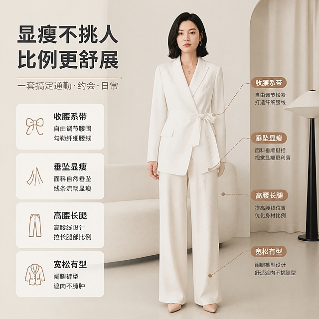 [商品] 使用【图4】奶油米色系带西装上衣与配套长裤，保留系带收腰、垂坠领型、不对称下摆与阔腿裤型，理顺褶皱。
[画面] 版型显瘦页：模特正面站立展示上衣整体比例，细线引线标注收腰系带、垂坠线条、高腰长腿比例，主图占画面65%，标注围绕主体排布，背景暖米白极简空间，1:1方形构图。
[视觉] 套系策略：风格=秋冬暖调极简高级感商业摄影，韩系简约；标题字=现代无衬线粗体；正文字=简洁无衬线体；主色=奶油米白；背景延展=基于奶油米白做深浅层级、同色渐变与细腻织物/纸张质感；强调色=焦糖棕，仅用于小面积图标、引线和标签；标题色=深炭灰；正文色=中暖灰；组件=圆角浅底信息卡、细线引线、针织纹样标签；光影=左前侧暖柔光。
[文字] 主标题“显瘦不挑人 比例更舒展”，引线标签：收腰系带、垂坠显瘦、高腰长腿、宽松有型；所有文字横向排版，简体中文。
[规格] 图片比例1:1，4K，避免变形、错字、文字过小、冷蓝灰背景、颜色改变、款式失真。
