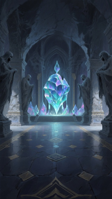 中心对称构图，地下宫殿室内场景，场景开阔，地面平整干净，周围氛围阴森；地面为暗色回合制战斗地板，处于阴影中色调深沉；背景是石像鬼雕像。回合制战斗场景，大师级高精度画质，精美细节，史诗感氛围，数码厚涂风预览效果