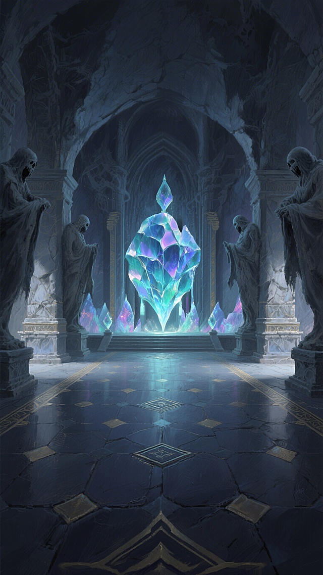 中心对称构图，地下宫殿室内场景，场景开阔，地面平整干净，周围氛围阴森；地面为暗色回合制战斗地板，处于阴影中色调深沉；背景是石像鬼雕像。回合制战斗场景，大师级高精度画质，精美细节，史诗感氛围，数码厚涂风格