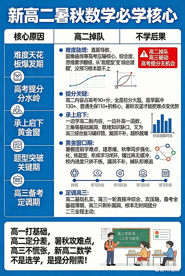 修正图中的文字错误：1. 将左侧重复的“承上启黄金窗”改为“题型突破关键期”；2. 删除正文底部错误文字“三三气程主主动;”，修正为“二三全程主动；”；3. 保留其他所有图文内容、排版布局和配色风格不变
