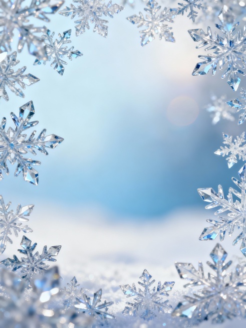 精致的雪花边框背景，以渐变的浅蓝色和白色为主色调，雪花呈现出透明水晶质感，边缘锐利清晰，细节丰富，大小不一地分布在画面四周，形成自然的框架效果，中心区域为柔和模糊的浅蓝色渐变背景，整体营造出纯净、梦幻、冬日宁静的氛围，光线柔和，带有轻微的光晕效果，雪花表面有细微的高光反射，背景无任何文字和图案。预览效果