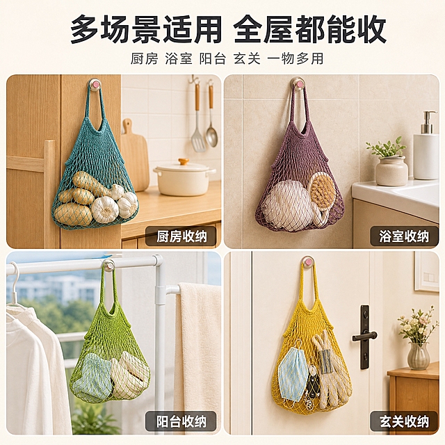 [主图-4] 多场景适用展示，说明网兜收纳挂袋的多种使用场景与收纳方案。
[统一基调] 1688 B端源头工厂风格，整体明亮温馨，背景为浅暖色调，主色调为湖蓝色+暖白色，标题字色为深灰色，辅助字色为中灰色，强调色为湖蓝色。字体为无衬线粗体，字号层级分明，宫格样式为白色圆角边框，整体简洁实用。
[画面] 画面采用四宫格布局，展示四个不同使用场景，每个场景中都有网兜收纳挂袋在实际使用：左上格-厨房场景，挂在橱柜旁，收纳生姜大蒜土豆等蔬果；右上格-浴室场景，挂在瓷砖墙上，收纳沐浴球搓澡巾等洗浴用品；左下格-阳台场景，挂在晾衣架旁，收纳袜子内衣等小衣物；右下格-玄关场景，挂在门后，收纳钥匙口罩手套等小物件。每个场景中产品颜色略有区分但款式一致，展示多色多用。宫格之间有白色间隔线，整体整齐有序。
[光影质感] 每个场景都有自然家居光线，产品融入场景自然，光影真实，无悬浮感。整体为温馨家居摄影质感，光线明亮柔和，突出产品在不同环境中的实用性。
[配色] 每个场景有各自的环境色，但整体色调统一为暖色系，产品湖蓝色/绿色/黄色/紫色等多色展示，文字深灰色，整体温馨实用。
[文字版式] 画面顶部居中放置主标题"多场景适用 全屋都能收"，深灰色粗体大字。主标题下方小字"厨房 浴室 阳台 玄关 一物多用"，中灰色。每个宫格右下角标注场景名称："厨房收纳""浴室收纳""阳台收纳""玄关收纳"，白色字体配半透明黑色底条，确保可读性。文字均不遮挡产品主体。
[输出要求] 1:1比例，四个场景清晰，产品在每个场景中都自然真实，文字清晰可读，无水印无平台Logo。负向：场景杂乱、产品悬浮、比例失调、文字错字、宫格变形、水印。