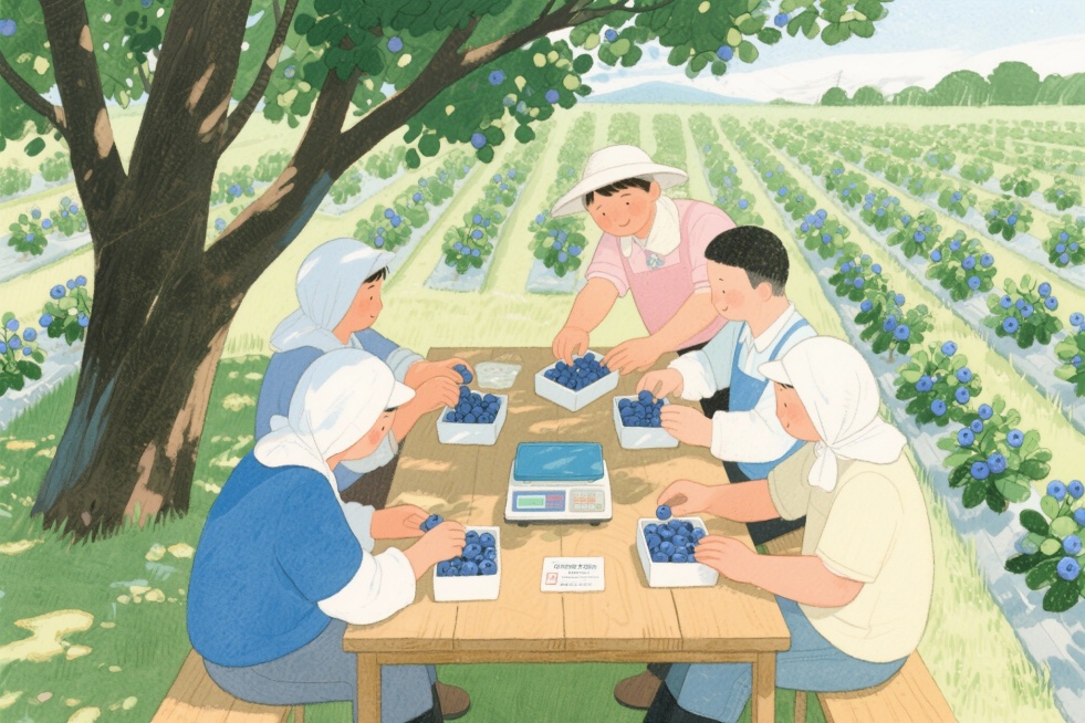 请为我生成几张工人打包蓝莓的插画，风格参考图一预览效果