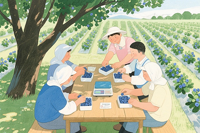 请为我生成几张工人打包蓝莓的插画，风格参考图一