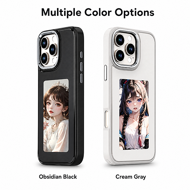 [Main Image 5] Multiple Color Options Available for NFC E-ink Phone Case. Display all available color models together in one picture. Keep each product appearance (structure, material, color) consistent with input image, no distortion. [Atmosphere Style] Clean product display, meets cross-border requirements. [Image Quality] Commercial photography texture, soft and transparent light, clear and realistic product, clean and advanced picture. [Elements] Arrange two color models (black and light grey) side by side in the frame, both completely visible, product occupies 80% of the frame. [Lighting] Even soft studio lighting, clean shadows, highlight the color difference of different models. [Color Matching] Pure white background, highlight product color. [Perspective Composition] Side by side 45-degree oblique perspective, symmetrical layout. [Text Layout] Bottom label each color with its name: "Obsidian Black" / "Cream Gray". Top title: "Multiple Color Options". All texts are in English, no Chinese, no extreme words. [Proportion Resolution] 1:1 ratio, 4K resolution, text clear and readable, ultra high definition. [Negative prompt] Deformed, watermark, text confusion, blurred product picture, messy background.