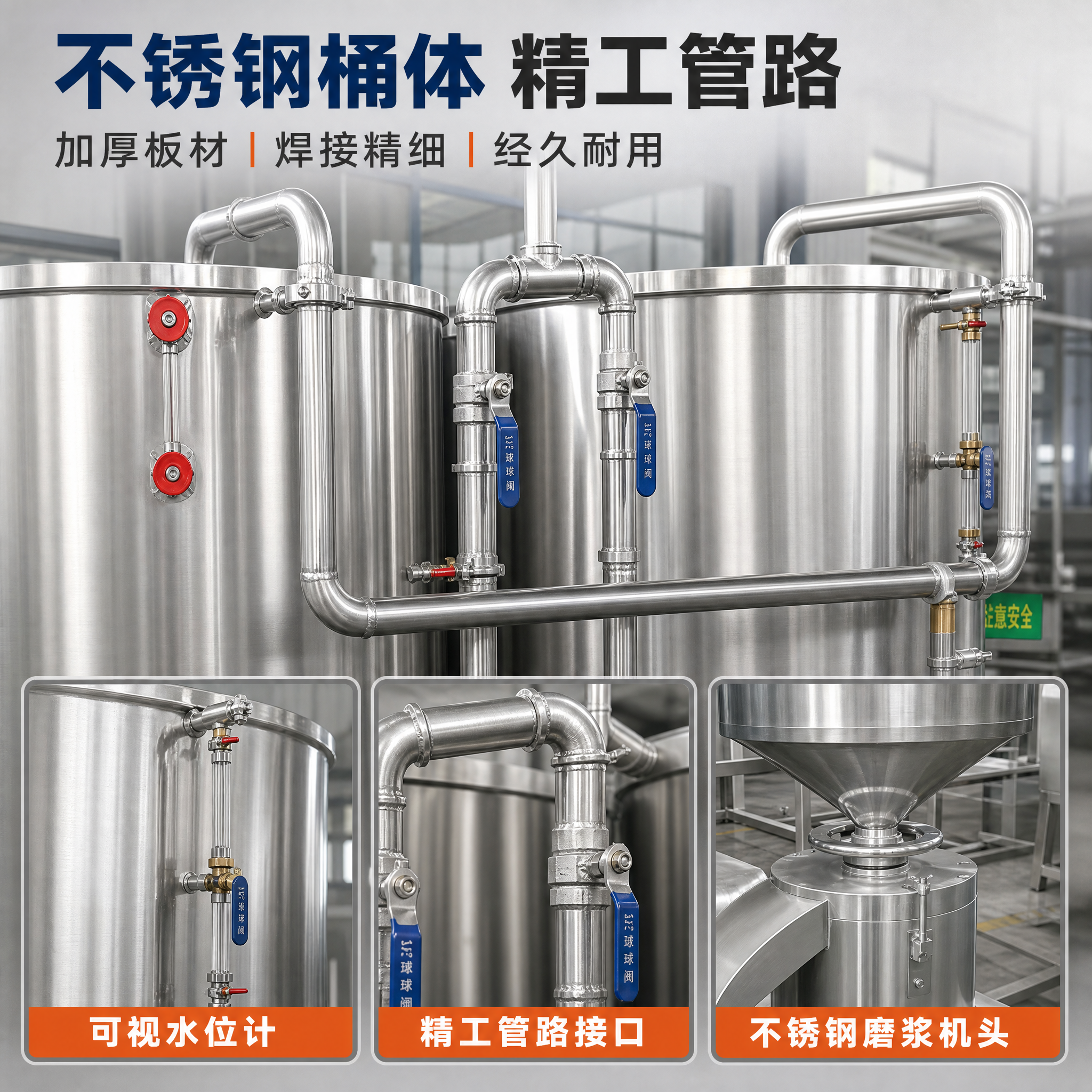 [主图-3] 双桶双磨机组材质工艺细节图，展示不锈钢桶体和管路… - 图片创意预览