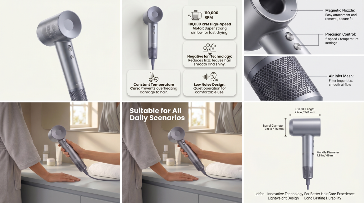 Combine 5 existing Laifen LF03 hair dryer Amazon A+ main images into one single large combined image预览效果
