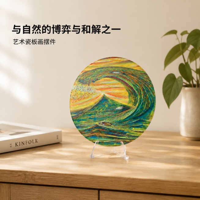 [主图-1]艺术瓷板画摆件空间氛围首图。[氛围风格]温馨原木风家居氛围，艺术感软装陈列。[画质]商业摄影质感、光线柔和通透、产品清晰真实、画面干净高级。[元素]圆形艺术瓷板画摆件放在原木书桌中央，搭配预览效果