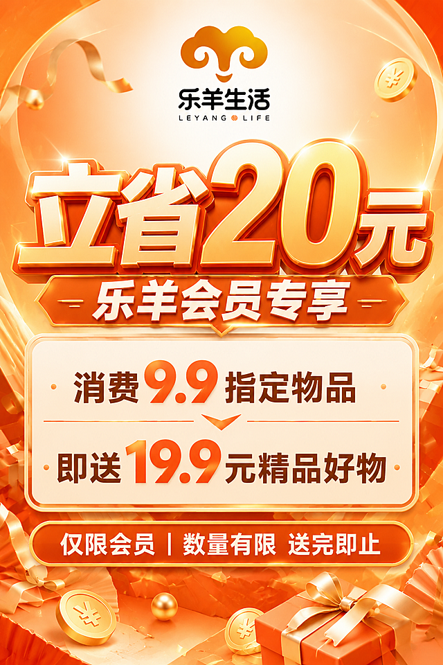 基于这张海报重新设计，以橙色为主色调，高级感风格，凸显活动内容，去掉二维码占位。A4竖版2:3比例。

整体风格：高级简约但不失营销氛围，以暖橙色为主色调（从浅橙到深橙的渐变），搭配金色和白色点缀，质感高级，不花哨但有冲击力。

顶部品牌区：居中放置乐羊生活完整logo（橙黄色羊头图形+乐羊生活黑色中文字+LEYANG LIFE英文小字），精致优雅

主标题区（最突出）：
"立省20元" 超大号字体，橙金渐变立体字或粗体字，最醒目，视觉重心
"乐羊会员专享" 稍小一号，白色或深橙色粗体字，位于主标题下方或旁边

活动内容区（中部核心）：
用精致的圆角矩形卡片承载，半透明或浅色底，橙色边框
"消费9.9指定物品"
"即送19.9元精品好物"
两行文字，大号清晰字体，重点数字"9.9"和"19.9"用橙色或金色突出放大
中间可用优雅的箭头或分割线连接

底部活动说明区：
"仅限会员｜数量有限 送完即止" 用标签或横幅样式，橙色底白字，营造紧迫感

装饰元素：简约高级的金色线条、几何图形、微光光斑、少量精致金币和礼盒点缀，分布在角落，不抢文字风头，质感高级

去掉右下角的二维码占位，用装饰元素自然填充

画面中必须完整呈现以下文字信息：
"立省20元"
"乐羊会员专享"
"消费9.9指定物品"
"即送19.9元精品好物"
"仅限会员｜数量有限 送完即止"

画面中所有数字必须精确渲染，不得出现错位、遗漏或编造的数字
画面中所有信息区域必须填充完整合理的内容，不得出现空白框、空白占位
所有文字必须清晰完整，无任何元素遮挡文字
不需要二维码占位
版式精美，高级感，橙色主色调，A4竖版构图