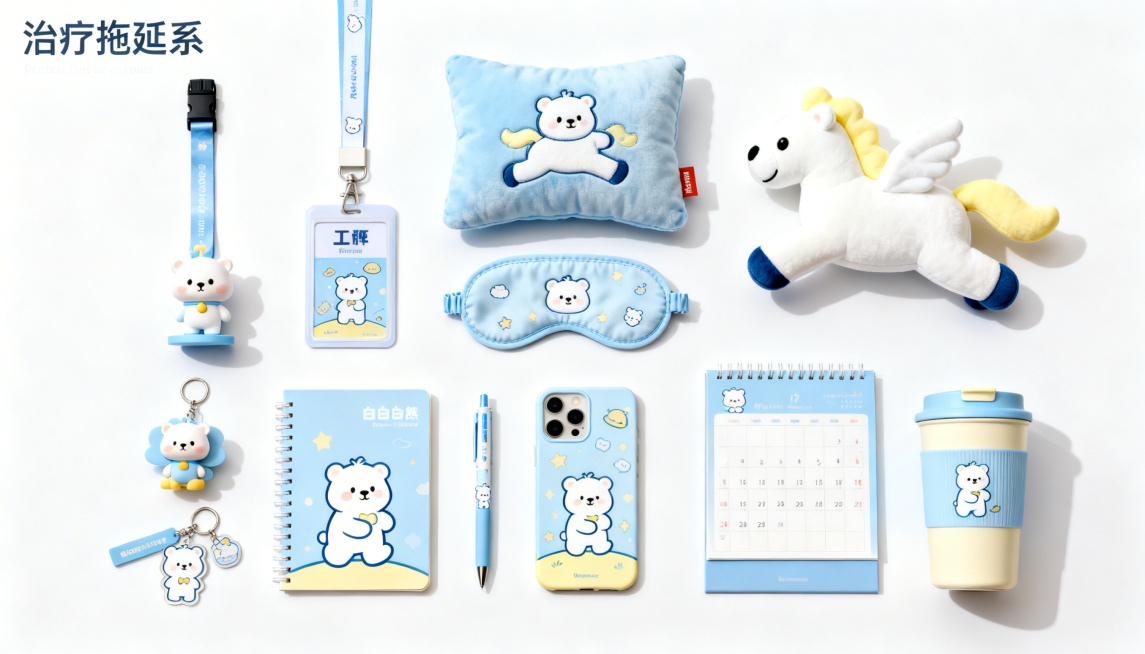 小白熊主题文创周边产品展示，包含工牌、抱枕、眼罩、小摆件、笔记本、手机壳、笔、水杯、日历、钥匙扣十个产品，统一使用浅蓝色和奶黄色配色，每个产品都融入萌萌的小白熊IP形象，抱枕做成立体小白熊马上奔跑造型预览效果